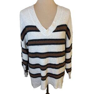 American Eagle V-Neck Knit Striped Sweater Cream Brown Black Women's Size M #222
